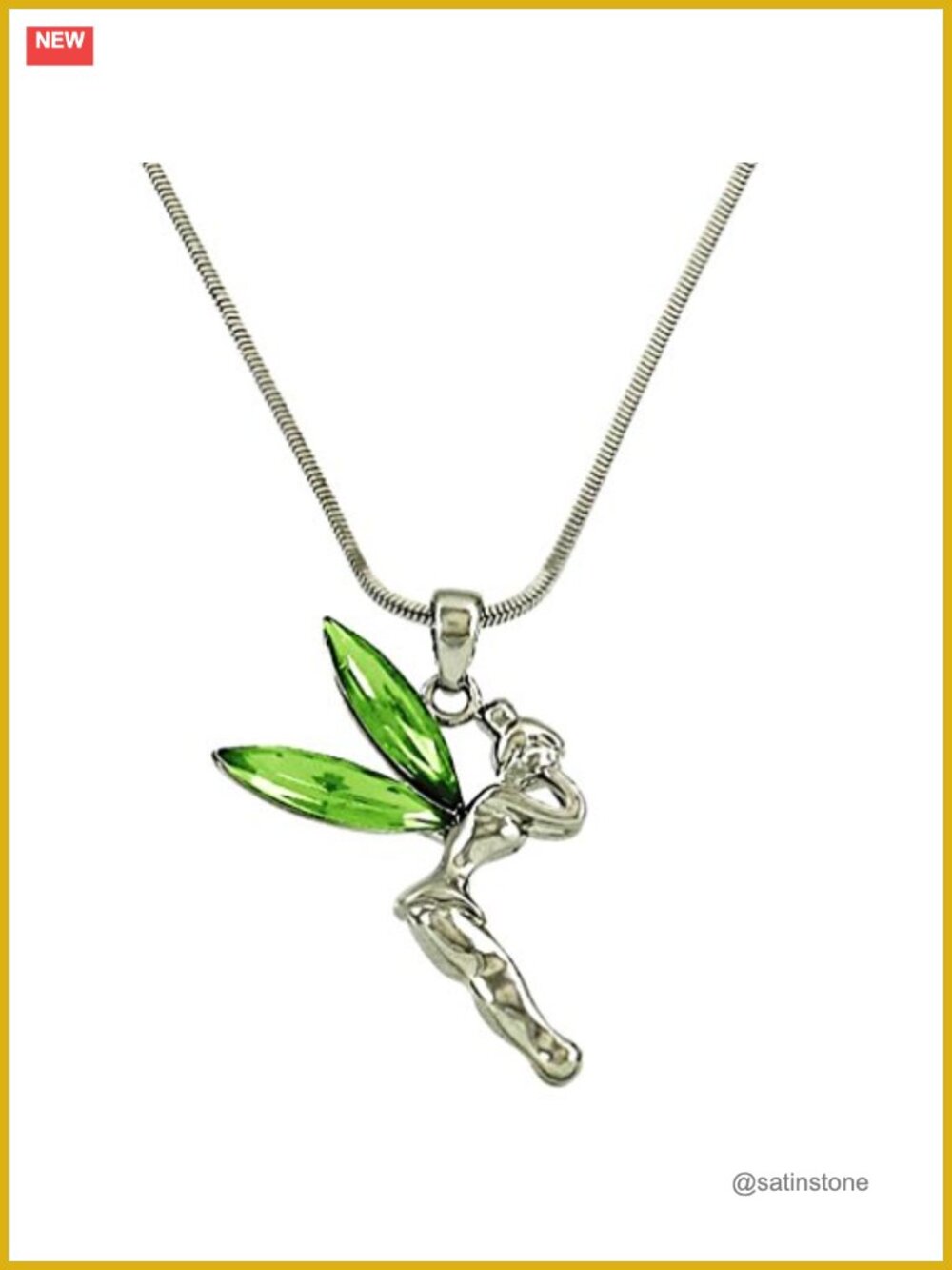 Silvertone Fairy Pendant Necklace Green Crystal Wings 18"